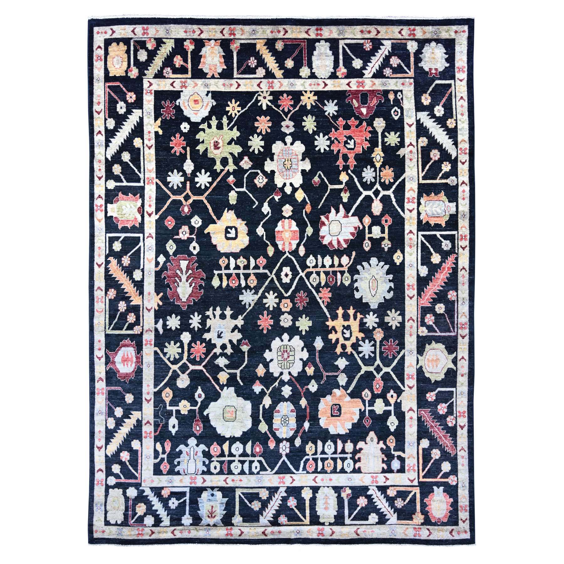 Charcoal Black, Afghan Angora Oushak with All Over Colorful Leaf Design, Hand Knotted, 100% Wool, Vegetable Dyes, Oriental Rug